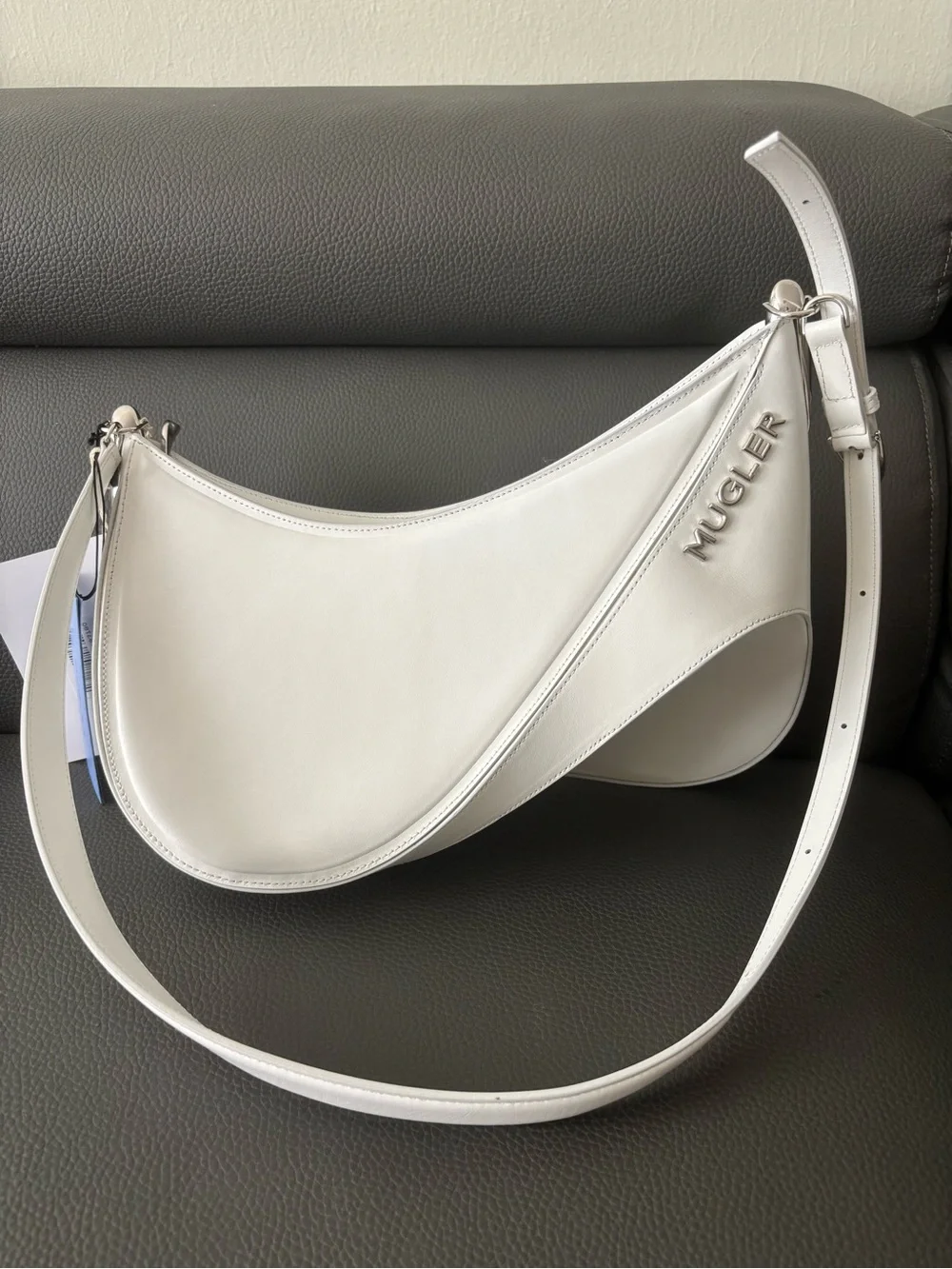 Mugler White Crescent Shoulder Bag with Textured Logo